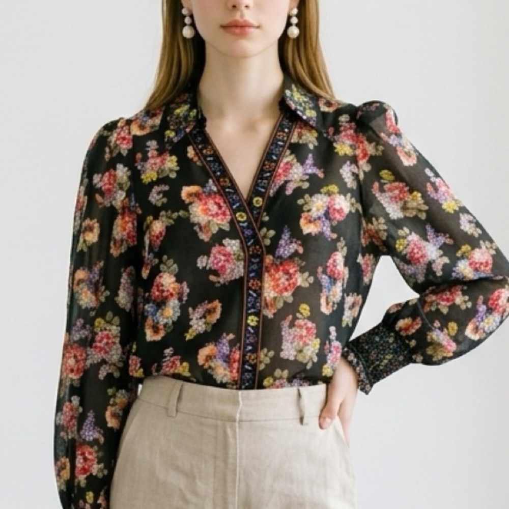 Alice + Olivia Silk Blend Cosima Smocked Detail Blouse